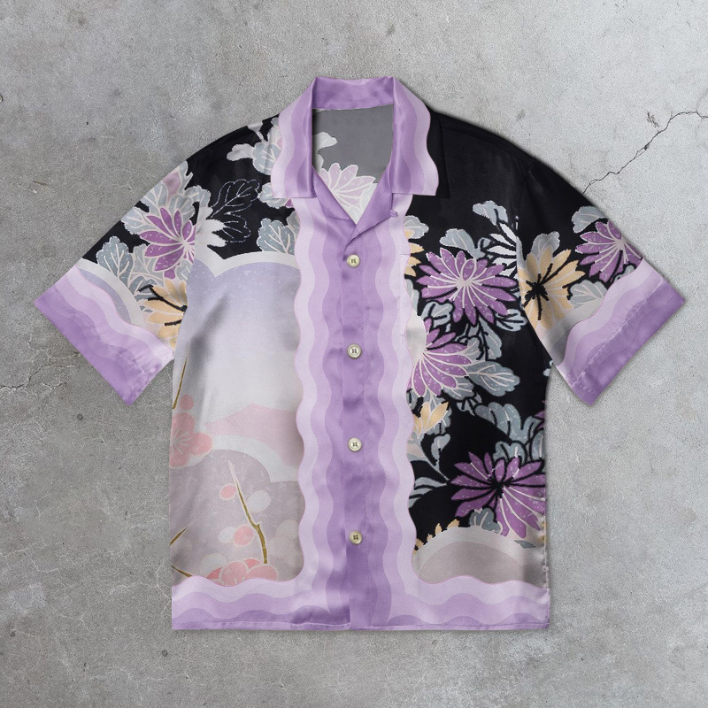 Camicia con Colletto Cubano a Onde Floreali Viola e Nero