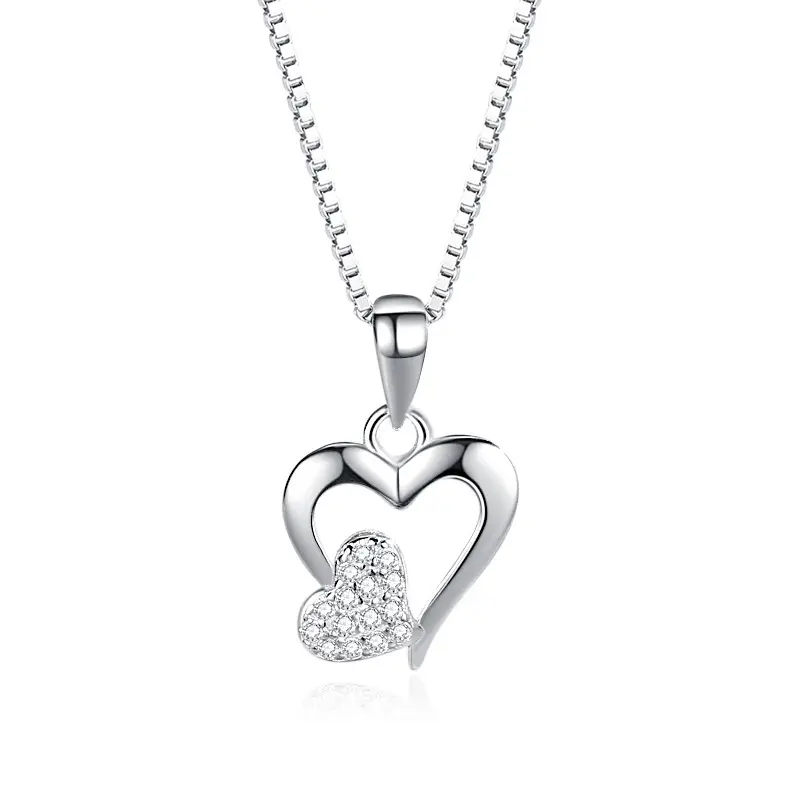 Collar de plata de ley 925 con doble corazón para mujer, joyería para chica joven, colgante de corazón, joyería de alta calidad