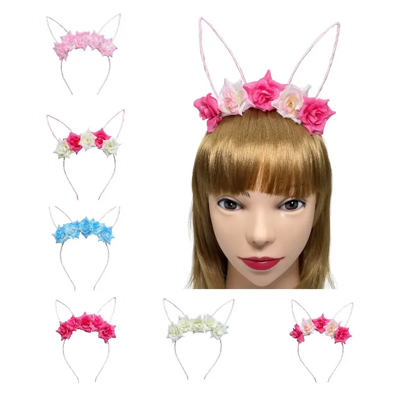 Bandeau en tissu avec oreilles de lapin, bandeau avec fleurs pour femmes et filles