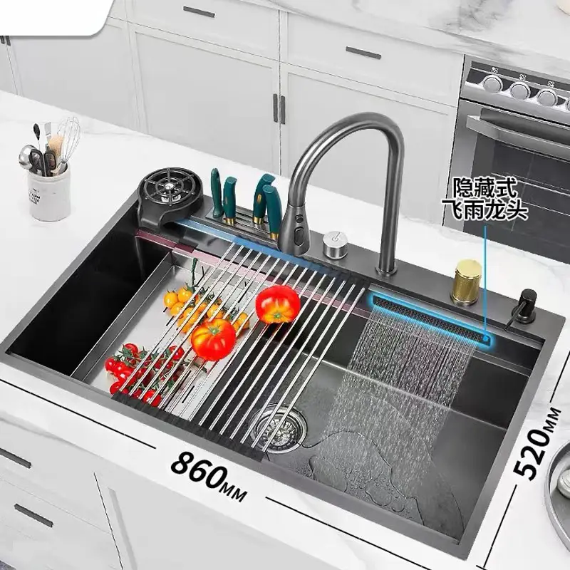 フライングウォーターフォールシンクスーパーラージシングルシンクナノ304ステンレス鋼キッチン家庭用食器用洗面器手動シンクブラック