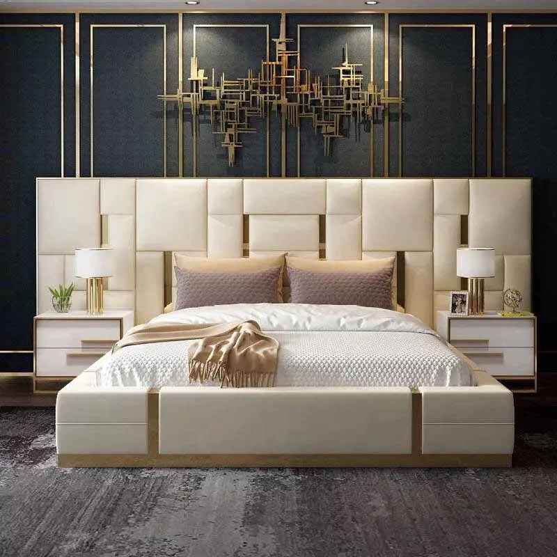 C2039 Cabecero grande de gama alta Cama doble Marco de camas king size italianas tapizadas contemporáneas de lujo