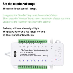 Sensor de movimiento LED de 16 canales, controlador de luz LED de escalera, sistema de control de iluminación de escalera de velocidad y brillo ajustable - Product Image 3