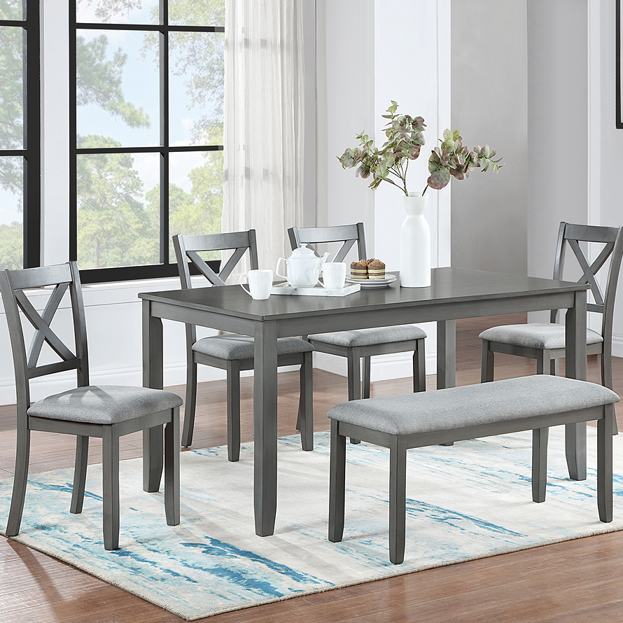 Gray + 6 Piece Kitchen Dining Set + X-shaped backrest