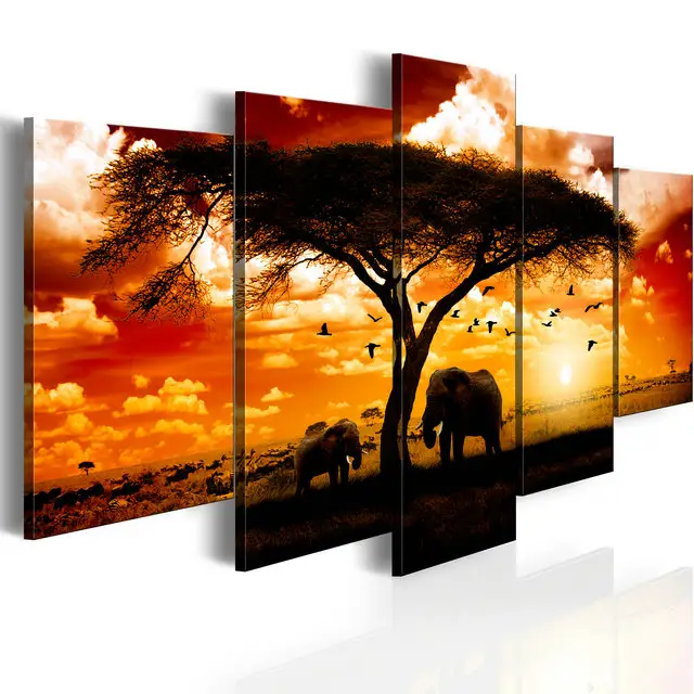 Cuadro de pared artístico en lienzo con estampado de árbol estirado, marco de fotos de madera, pegatina para decoración del hogar, elefante, pintura al óleo moderna para sala de estar