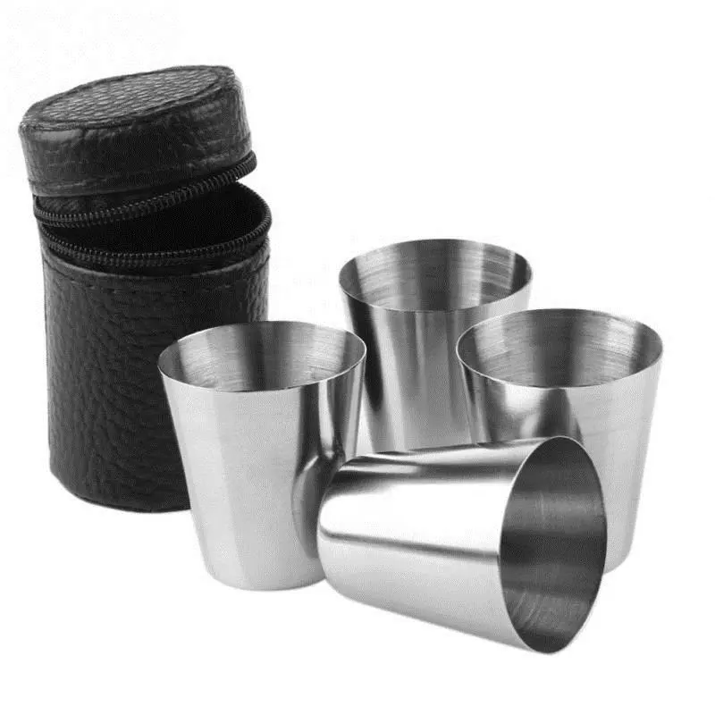 4Pcs/set 70ml Mini Stainless Steel Shot Glass Tequila Wine Drinking Cup Set with Leather Pouch