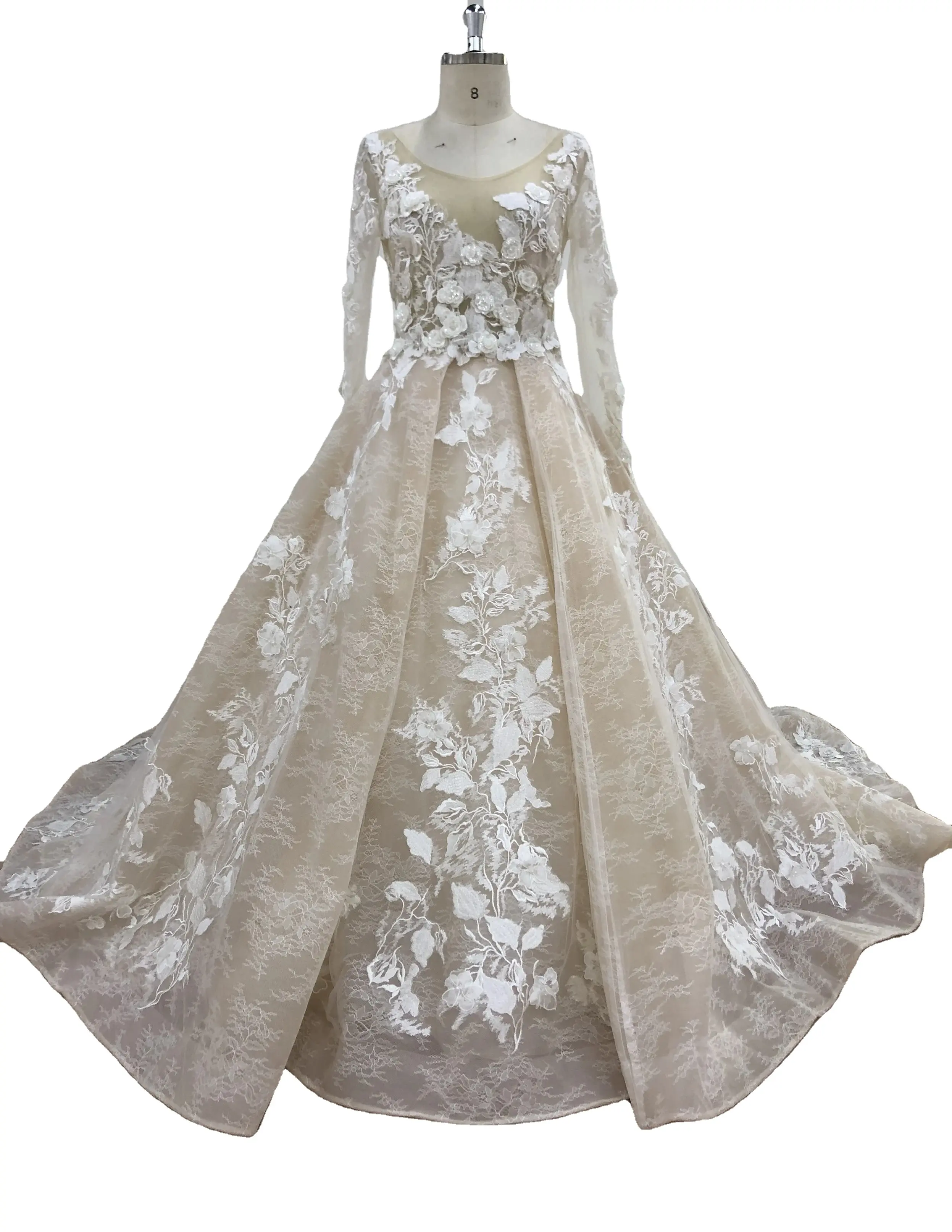 Vestido de novia transparente con flores 3d, manga larga, encaje, 2021