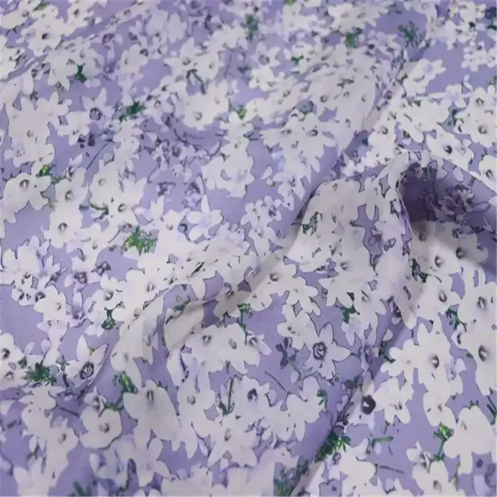 Pürüzsüz menekşe baskılı beyaz güzel çiçek zarif bayan elbise için 100% doğal ipek şifon kumaş
