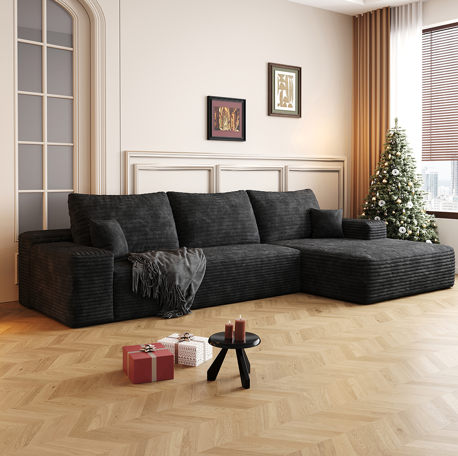 Chaise longue orientée à droite + 2 places (Noir)
