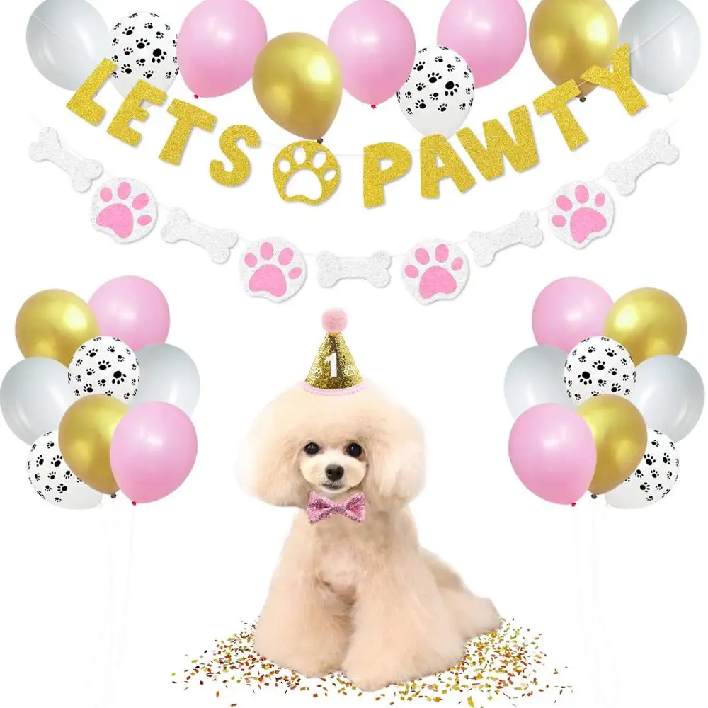 44 paketi sağlar Pawty köpek kız doğum günü Favor Pet evlat edinmek parti malzemeleri kitleri altın Glitter Banner pençeleri baskı balonlar