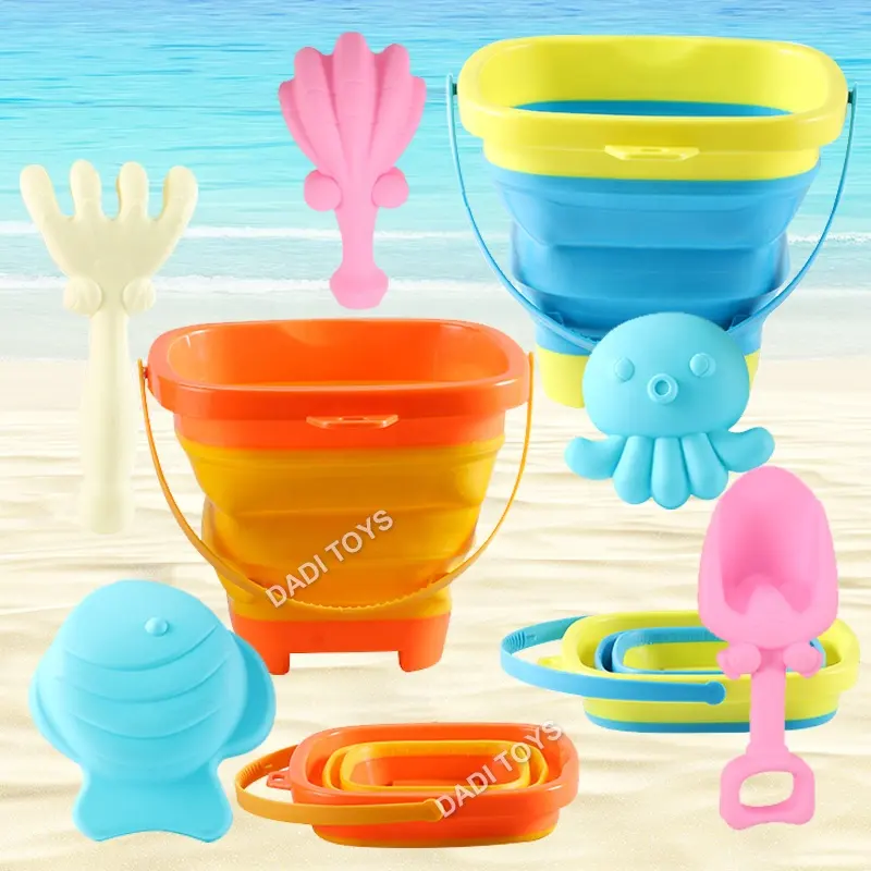 Vendita calda 4 pezzi oceano pieghevole secchio di sabbia pale pieghevole secchio da spiaggia giocattoli spiaggia sabbia giocattolo Set con secchio in Silicone