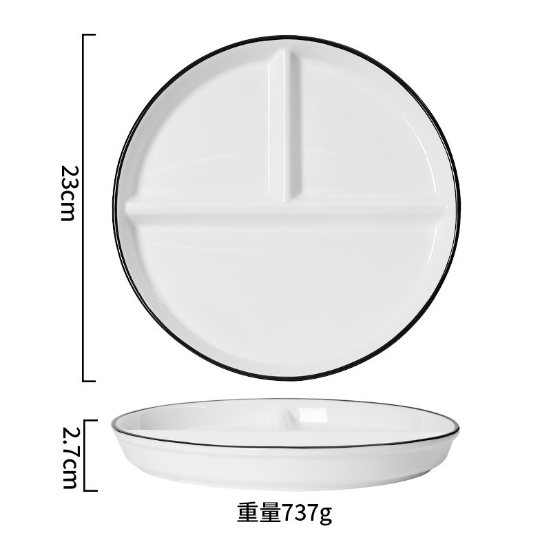 Assiette ronde à 3 compartiments, 95 pouces, ligne noire.