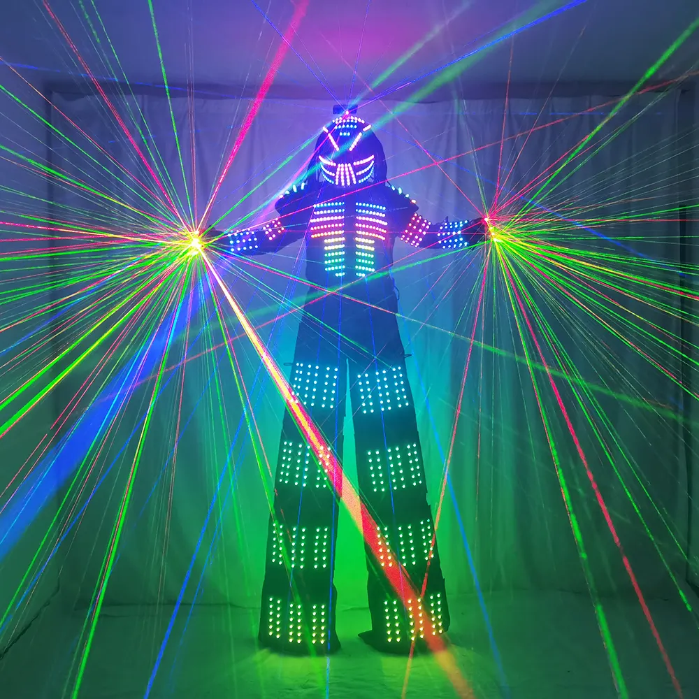 LED Robot Costume Stilt Walking Luminous Suit Jacket with Laser Gloves Helmet for Bar DJ Music Festivals Performance Wear