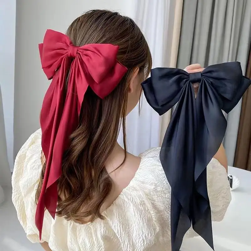 Jiamu Hot Sale Moda Feminina Acessórios Hair Ribbon Bow Knot Pure Color Satin Hair Bow Com Metal Hair Clip Atacado