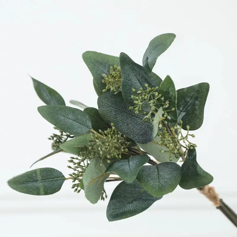 Ramo de hojas ovaladas de eucalipto, 5 ramas de fruta hechas a mano, decoración de plantas para el hogar, adornos, ramo de hojas de dinero