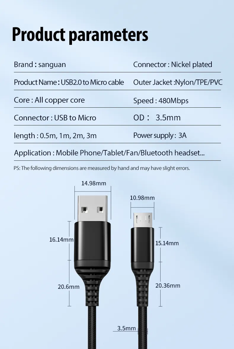 Bulk Factory Micro V8 USB 2.4A Fast Charging Cable Data Sync Cabo 5P USB 2.0A to Micro 5Pin USB Cables
