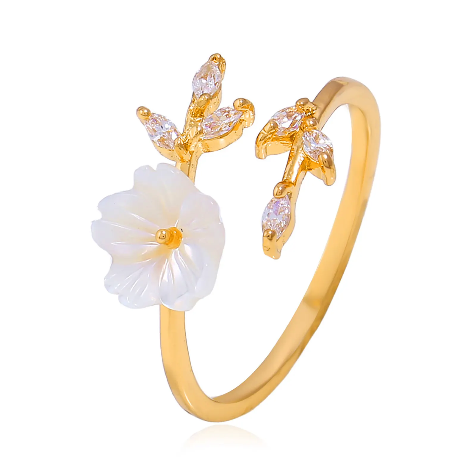 Vnox Fashion 2g Copper Zircon Shell Flower Opening Jewelry Rings for Women