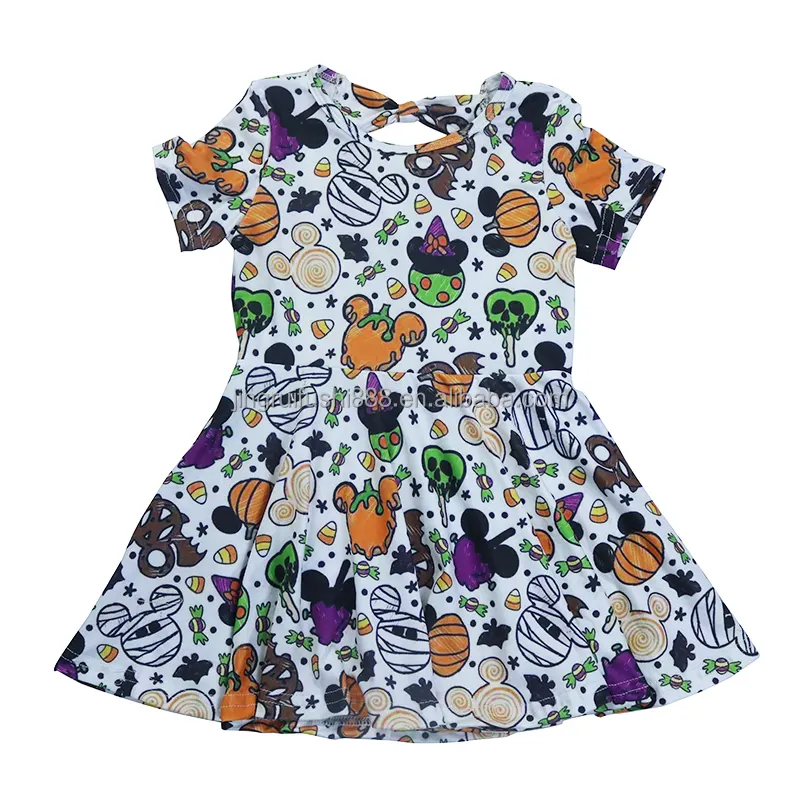 Nuovi arrivi Halloween Kids Girls abito manica corta Draw a mano Cartoon Print Baby Bow Cutout Twirl Dress