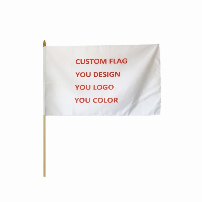 Commerci all'ingrosso logo personalizzato bandiera a mano vuota 100% poliestere seta stampa il tuo design pubblicità tenuta in mano con pole mini banner flag