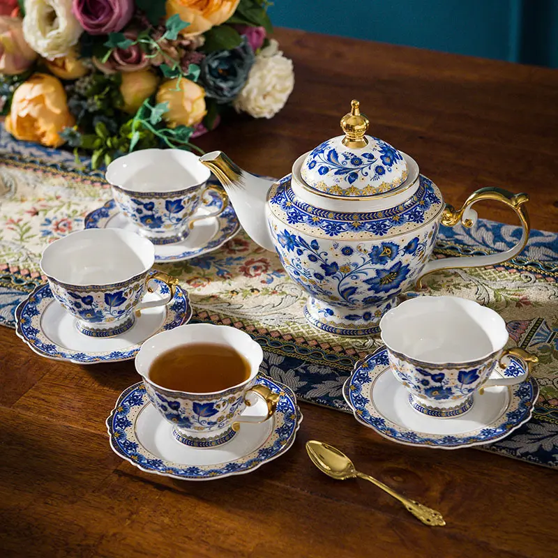 Conjunto de bule de chá chinês de porcelana, azul e branco, design dourado de luxo, conjunto com bandeja
