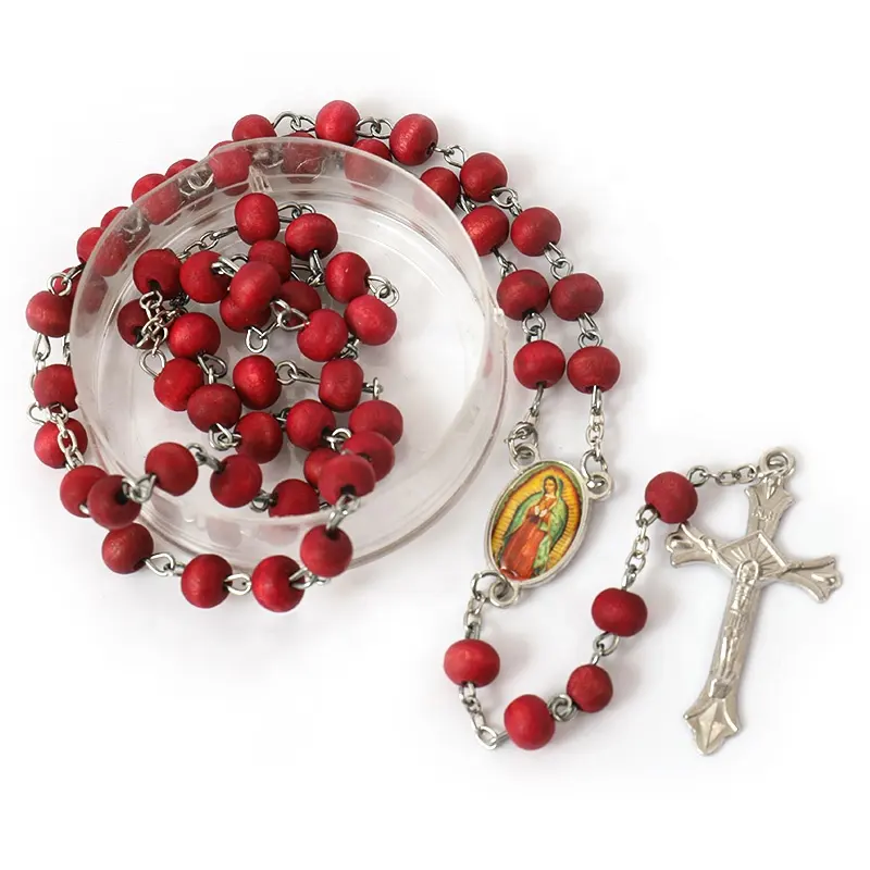 Colares Cheiro Católica Aroma Fragrância Cruz Guadalupe Mãe Vinho Vermelho Madeira Beads Box Rosário