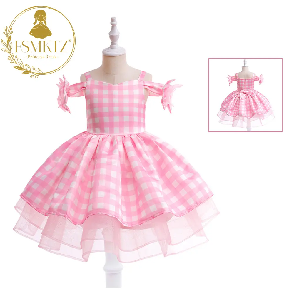 Vestido de princesa de tul esponjoso, vestido de muñeca a cuadros rosa con hombros descubiertos y mangas de burbujas, capas esponjosas con diadema gratis para juego de rol