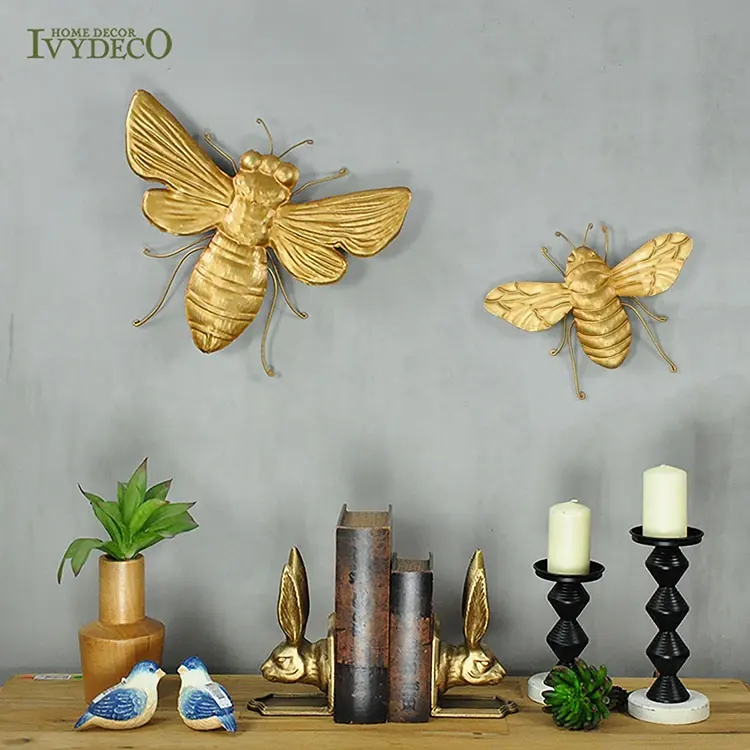 IVYDECO-abeja dorada hecha a mano, escultura de metal 3d, decoración de abeja en forma de abeja, colgante de arte de pared