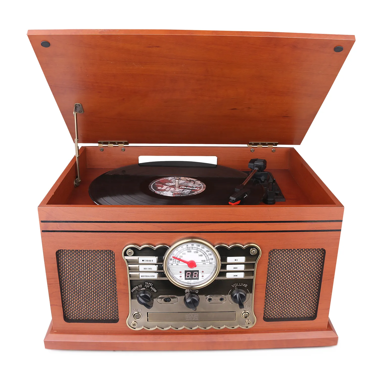 Pemutar musik gramofon antik, pemutar rekaman cd radio retro kayu polos
