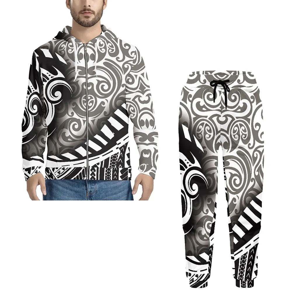 Swaiani polinesiano stile hawiano tatuaggio tribale 2 pezzi Set giacca con cerniera manica lunga con cappuccio pantaloni della tuta felpe uomo Streetwear