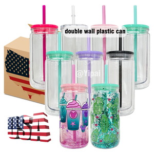 USA Warehouse Pre Drilled Hole Glitter Double Wall Snow Globe 16 oz Plastic Beer Can Shaped Acrylic Clear <strong>Cup</strong> with Lid and Straw