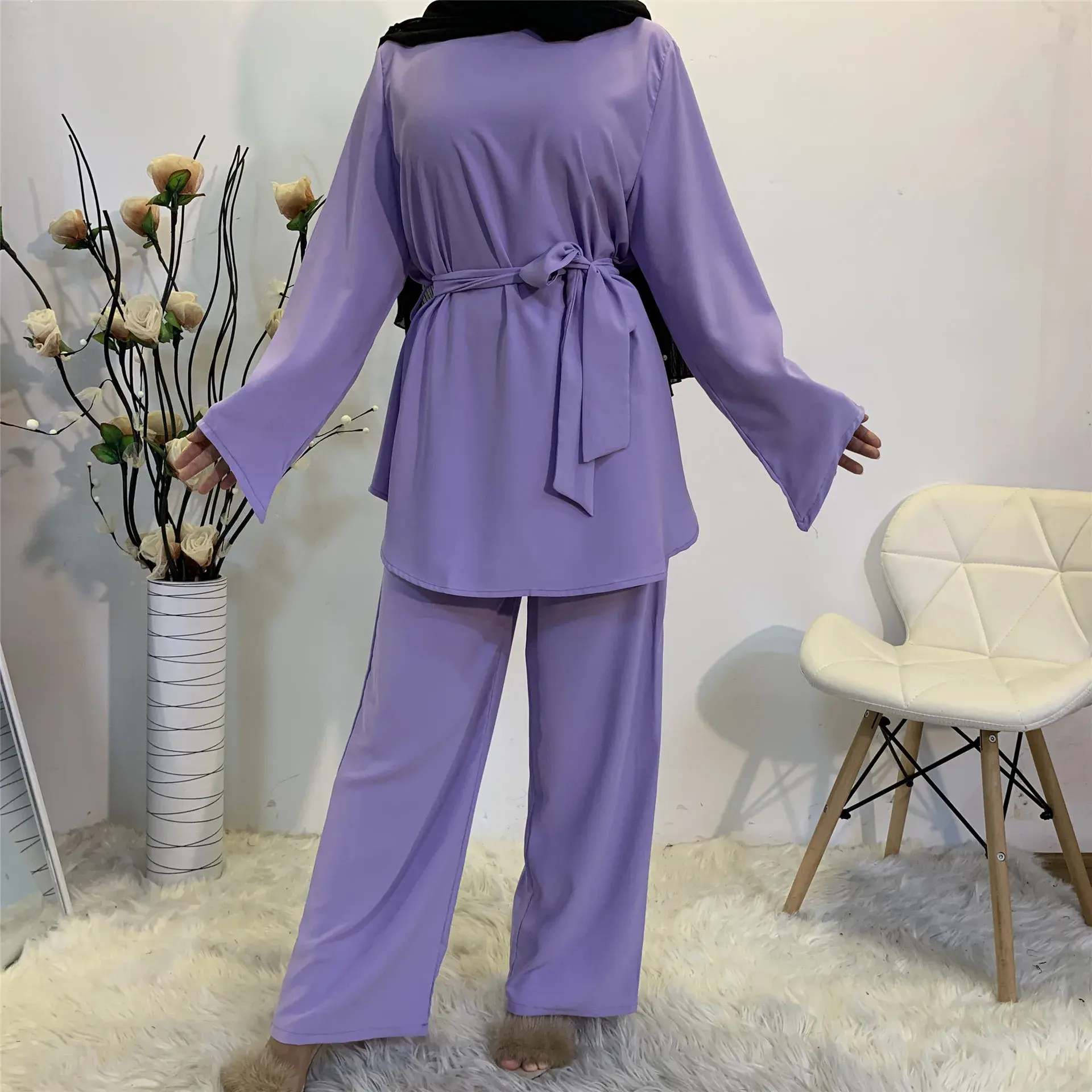 Ethnic Clothing Solid Color Muslim Shirts Long Sleeve Blouses Women Two Piece Set Modest Tunic Tops Wide Leg Pants Lace Up Set