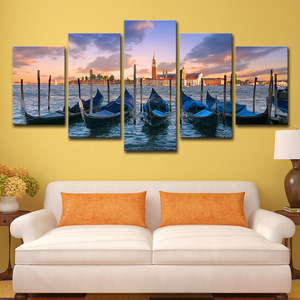 5 paneller mavi tekne deniz manzaralı Poster resim sahil şehir Sunset manzara Modern tuval baskı sanat yemek odası dekorasyon için