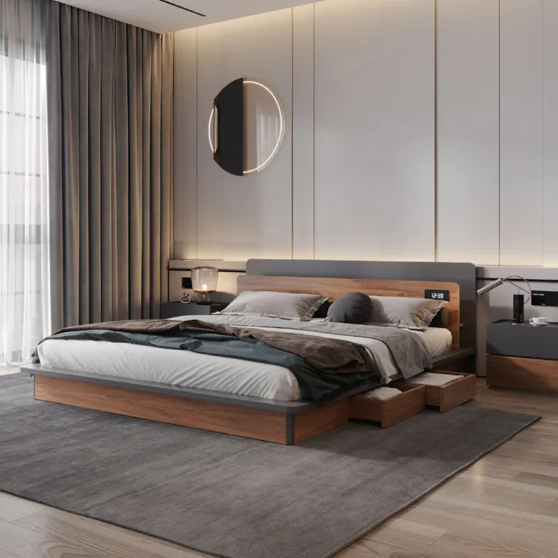 عالية الجودة مزدوجة الملكة حجم السرير تخزين خشبية سرير بلا أرجل إطار اللوح الأمامي سرير منجّد مع الأدراج