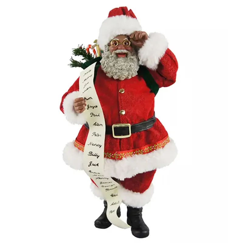 Escultura de resina personalizada para decoración navideña, escultura de mesa de Papá Noel afroamericano, figurita de Papá Noel negra de pie y retención de una lista