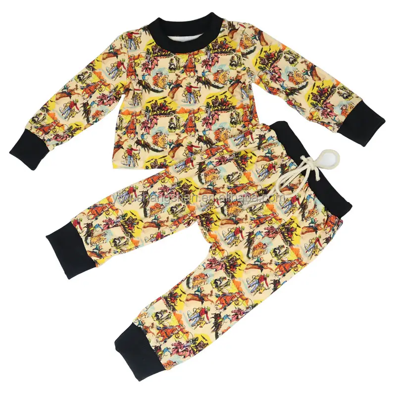 Nova Chegada Outono Padrão Ocidental Impressão Crianças Street Wear 2pcs Hoodies de Manga Longa e Calça Crianças Meninos Conjuntos de Roupas