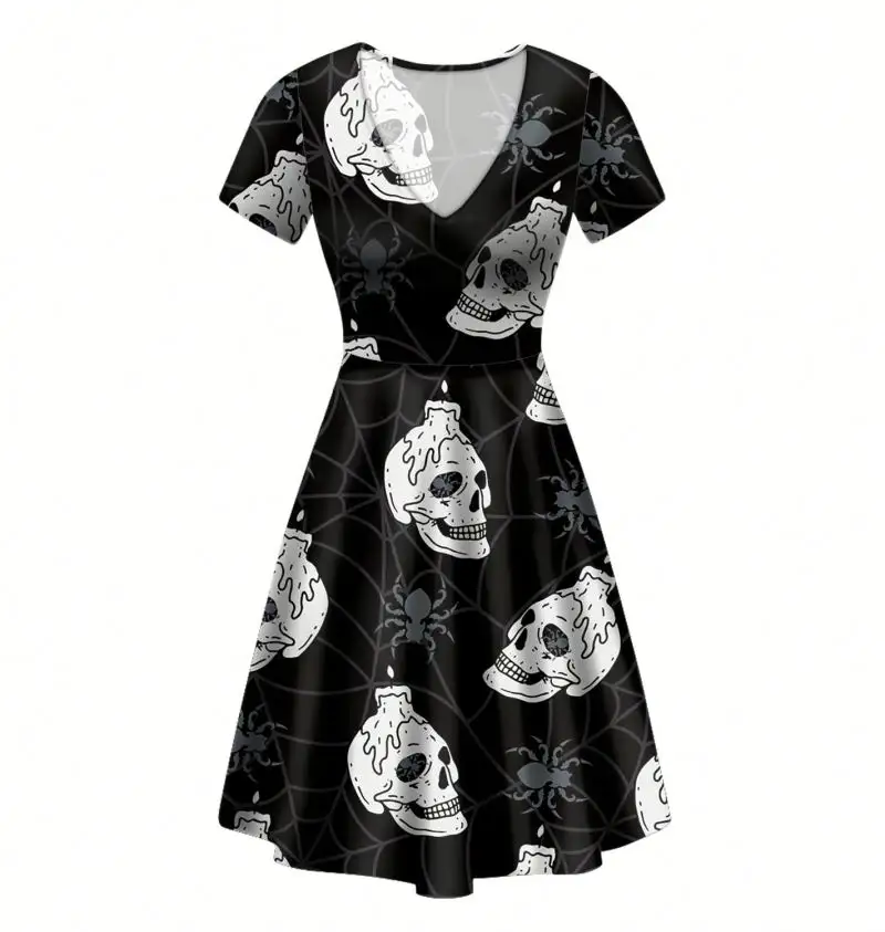 Black and White Witch Skull Print Halloween Dresses Women Lady Elegant Sexy Casual Evening V-neck Short Sleeve A-line Midi Dress