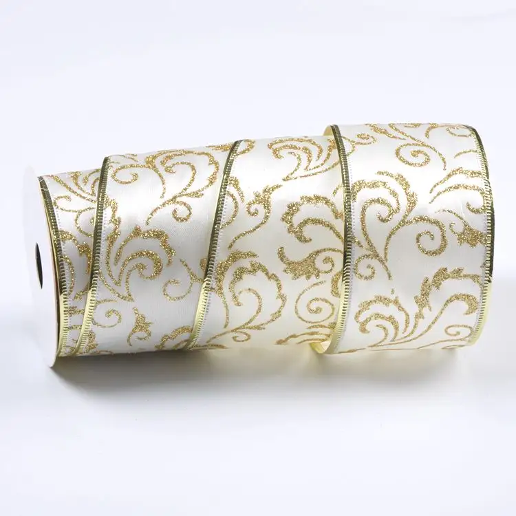 Sunjoy cabo de fio de fita de cetim com glitter dourado com impressão personalizada de 2,5 polegadas para embalagem