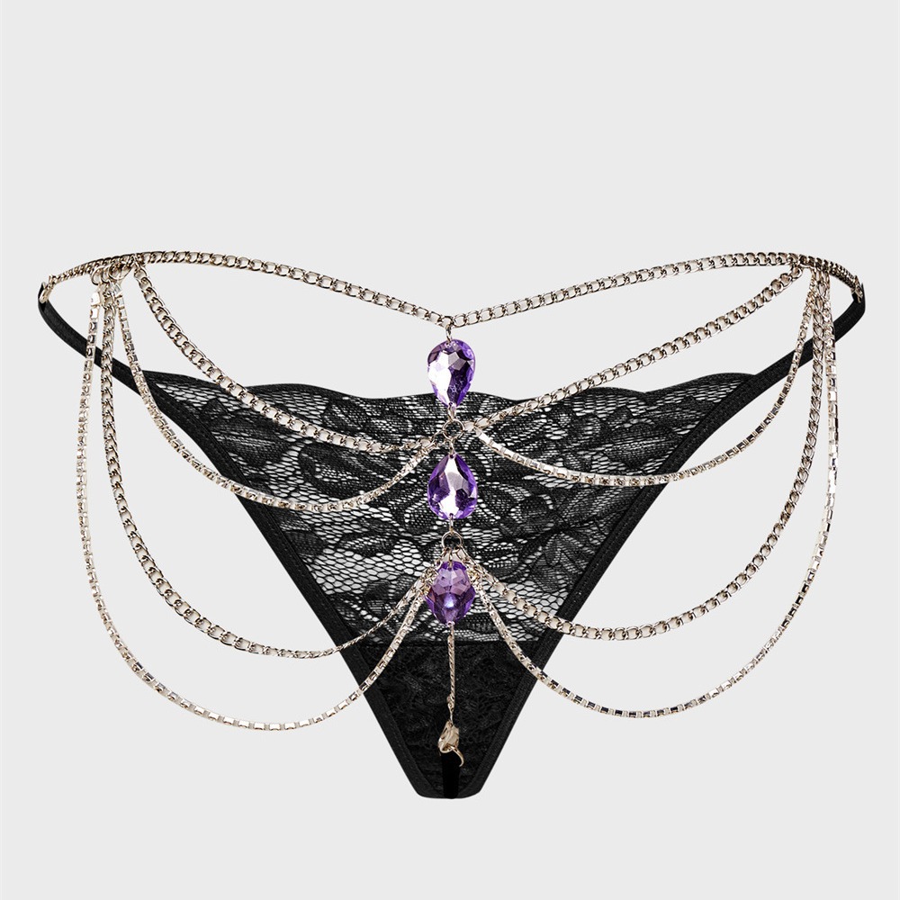 Black thong with purple rhinestone