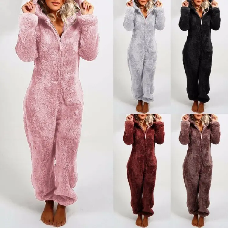Pyjamas chauds d'hiver pour femmes, combinaisons en polaire moelleuse, vêtements de nuit, ensembles à capuche, Pyjamas pour femmes et adultes