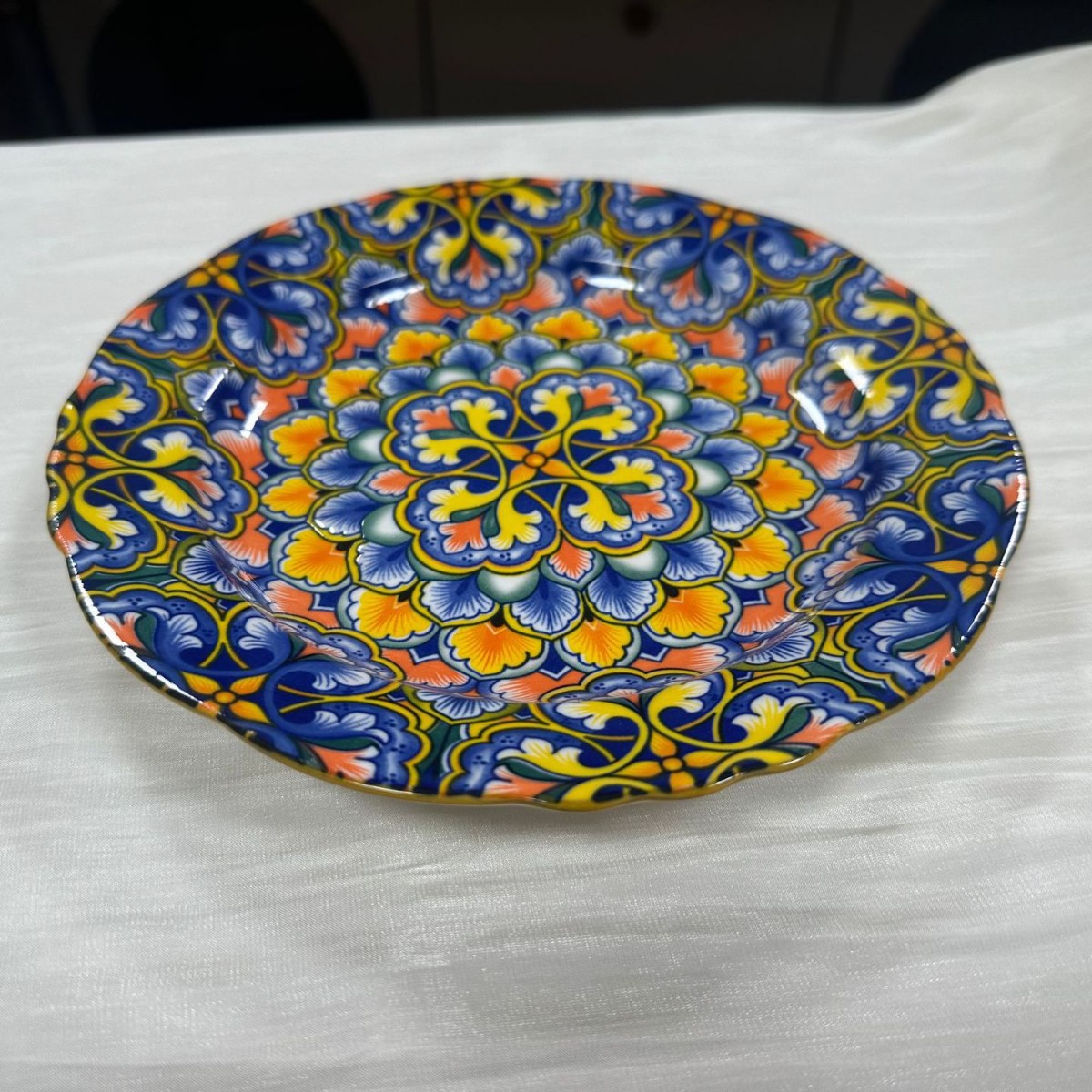 8inch lotus edge shallow plate/pa2062 blue sea flower cluster