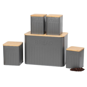 ビンテージルック粉体塗装食品安全エンボスパターン金属製パンビンとキッチンカウンタートップ収納用キャニスターセット