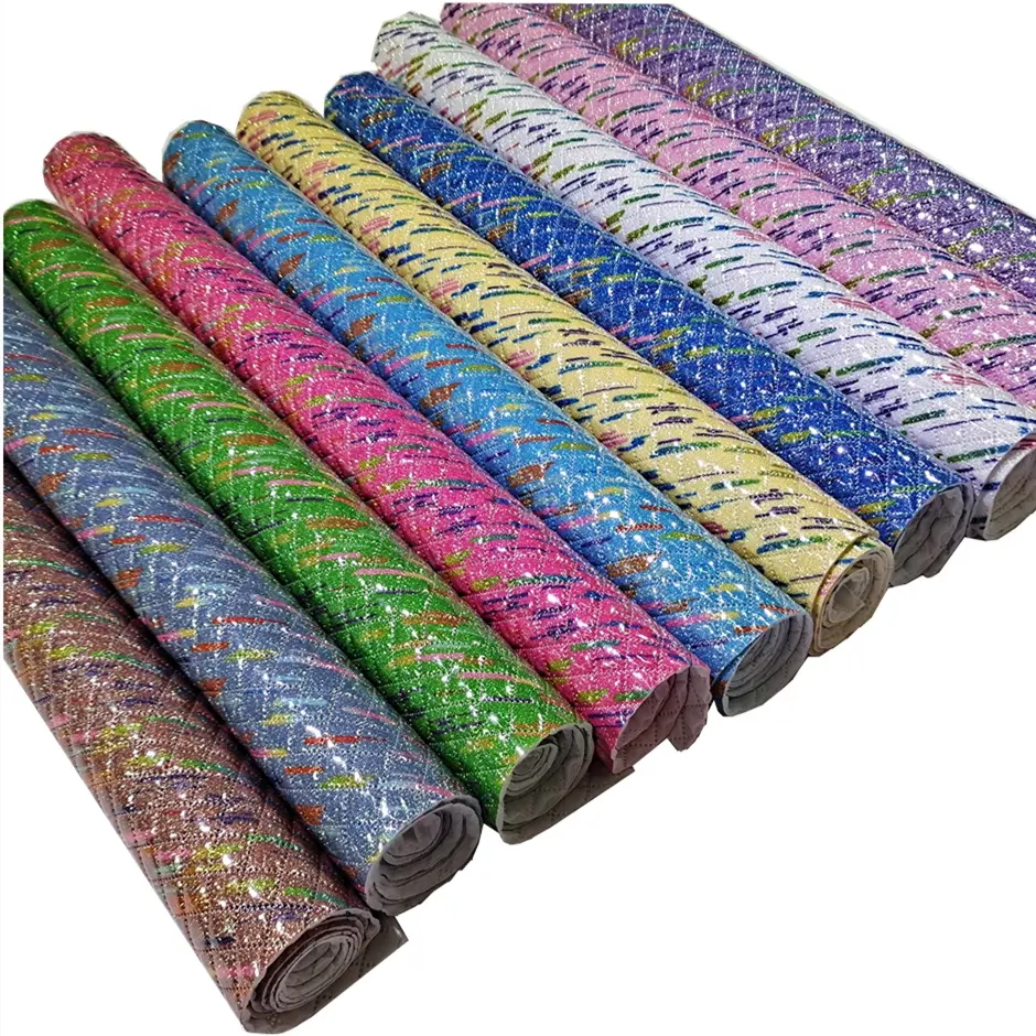 Tissu PVC imprimé à paillettes colorées avec support Non tissé, matériau pailleté pour sac à chaussures en cuir PVC