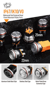LANBOO Anpassbarer 22mm/25mm Metall-Druckknopf schalter mit <span class=keywords><strong>LED</strong></span>-Hochs trom 15A IP67 Momentary Lock 2NO Kombination für 12V/24V