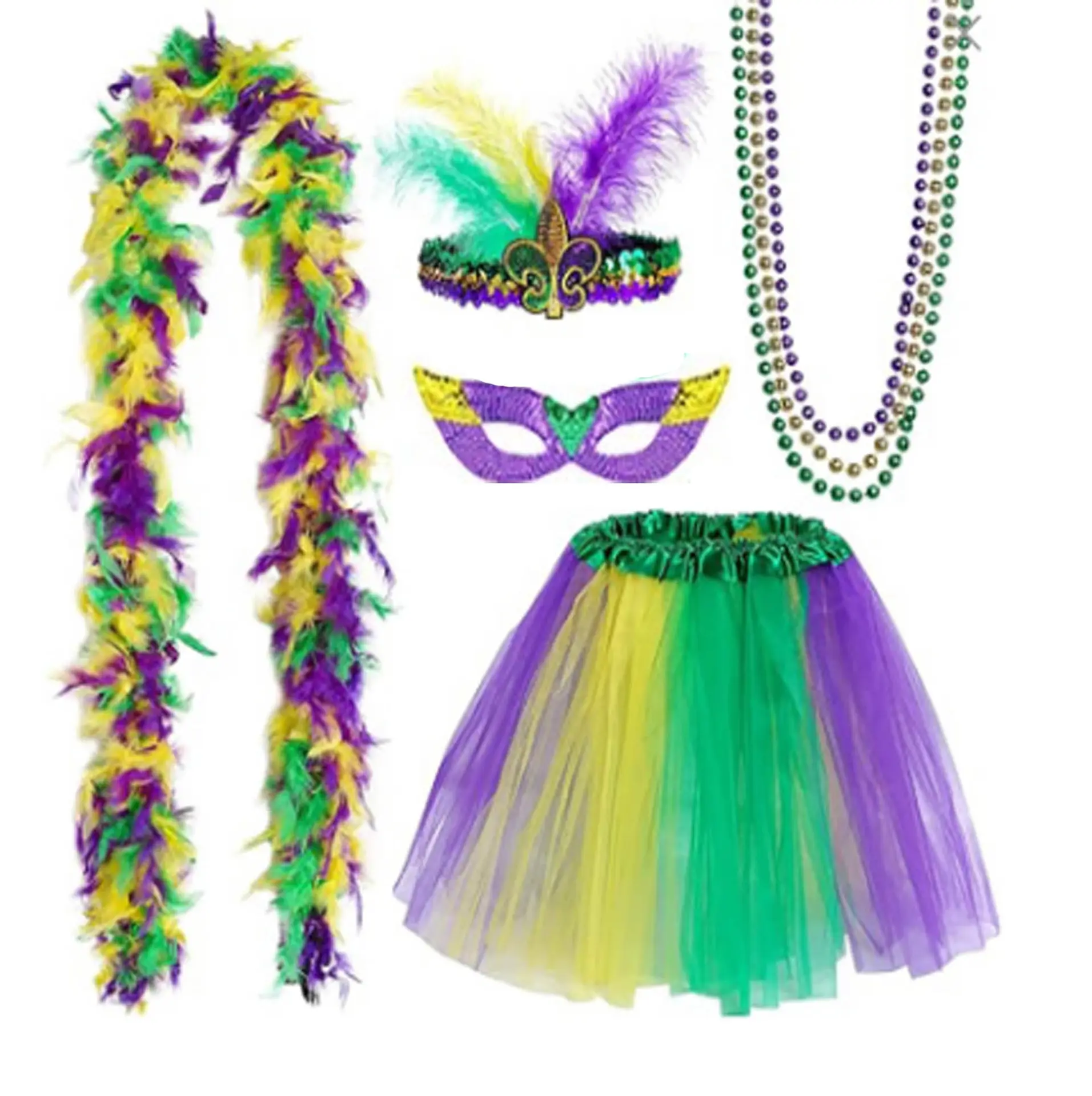 Mardi Gras Costume Accessory Set Tutu Skirt Faux Feather Headband Mask Mardi Gras Beads Feather Boa and Socks for Women and Girl
