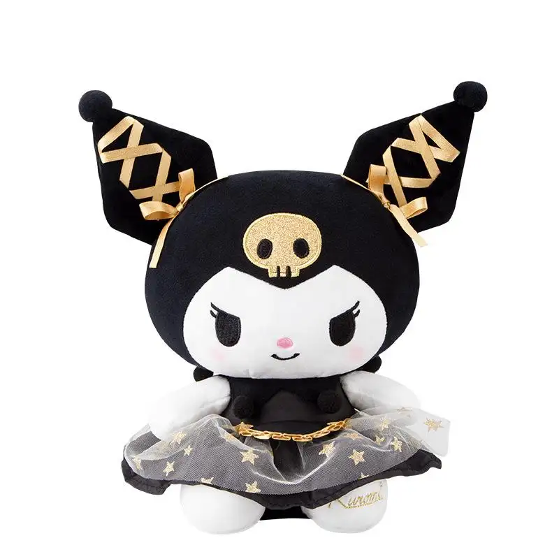 Kitty Kuromi Melody Cinnamoroll Brinquedo de pelúcia bonito para meninas, brinquedo de pelúcia preto dourado para bebês, presente de Halloween