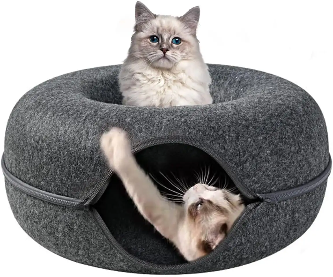 Wholesale Solid Color High Quality Hideaway Cat Bed Cave Nest Durable Felt Round Donut Cat Tunnel Bed