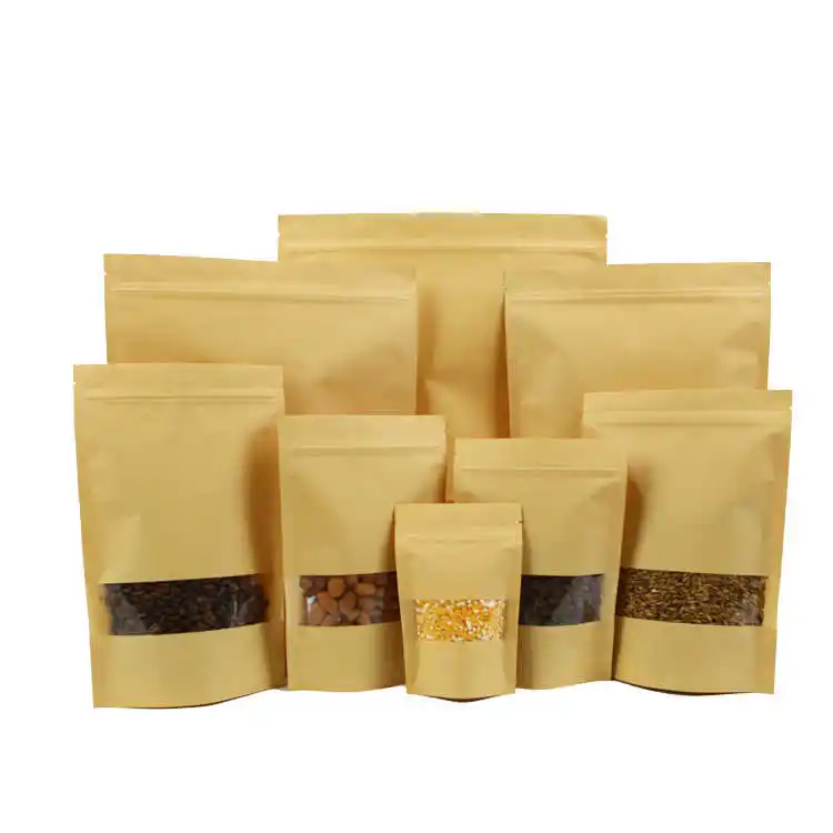 Food grade kraft paper nuts packaging bag kraft paper bag with window for honey glazed nuts
