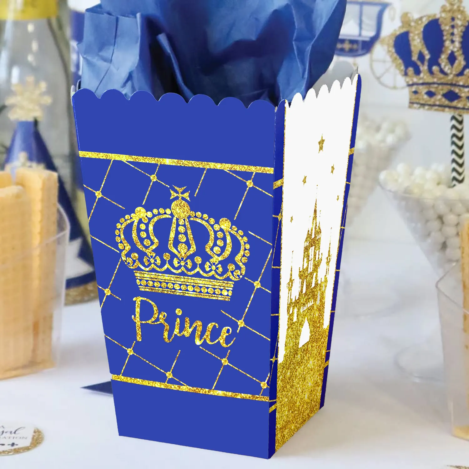 Cajas de palomitas de príncipe azul y dorado Cajas de recuerdo de fiesta temática de Príncipe Caja de galletas de caramelo