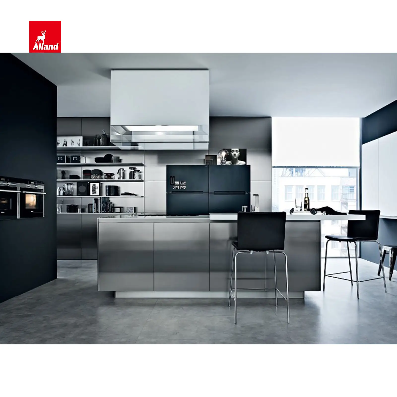 AllandCabinet Cuisine contemporaine personnalisée avec armoires en acier inoxydable Style moderne