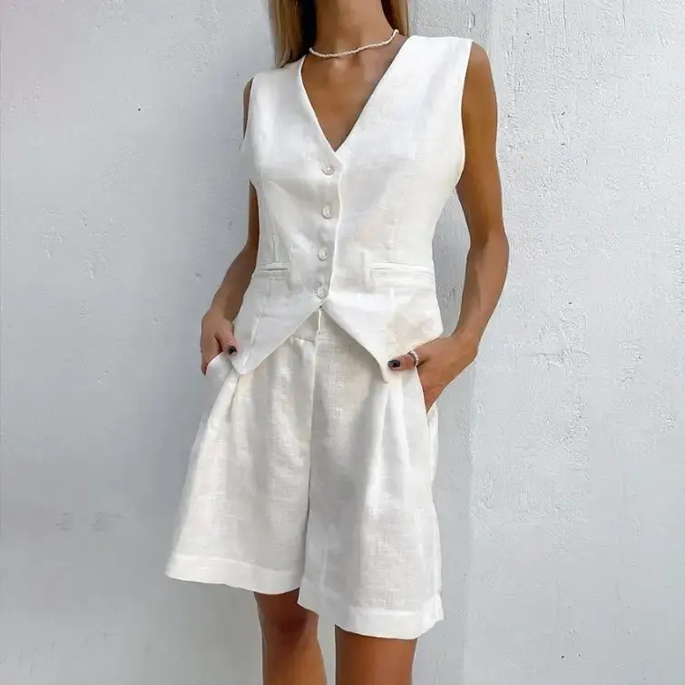 2023 Office Lady Vest Tops E Calças Curtas Verão 2 Peça Shorts Set Vest Shorts Branco Elegante Linho De Algodão Para As Mulheres