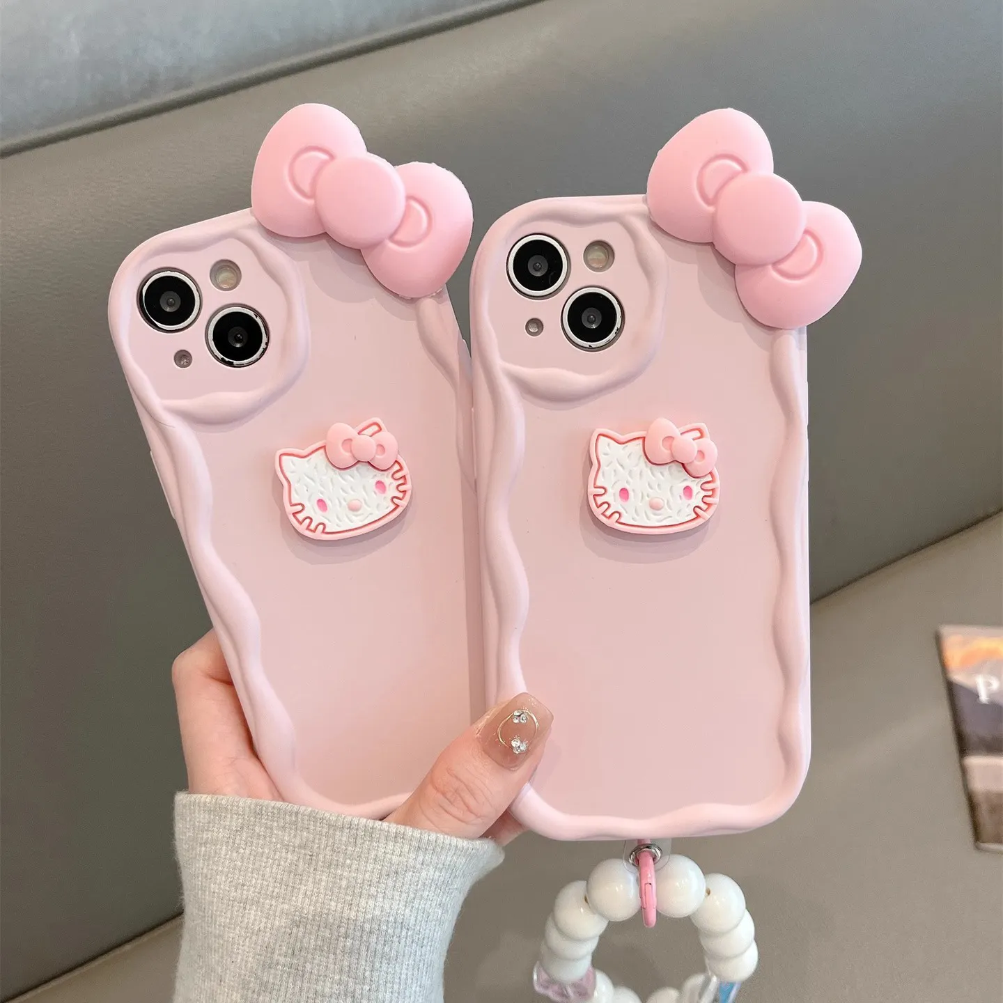 Cartoon rosa Bogen Kitty Katze Handy hülle Geeignet für Iphone 13 14 15 Pro Max Handy hülle Silikon Handy hülle mit Armband